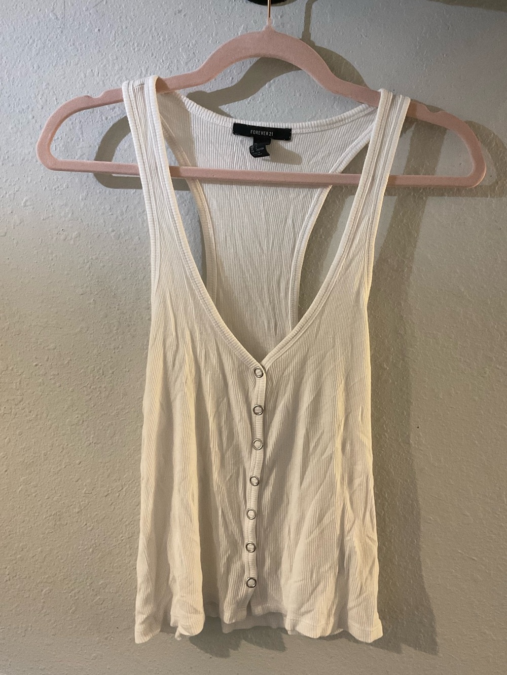 Forever 21 White Ribbed Button Tank with V-Neck